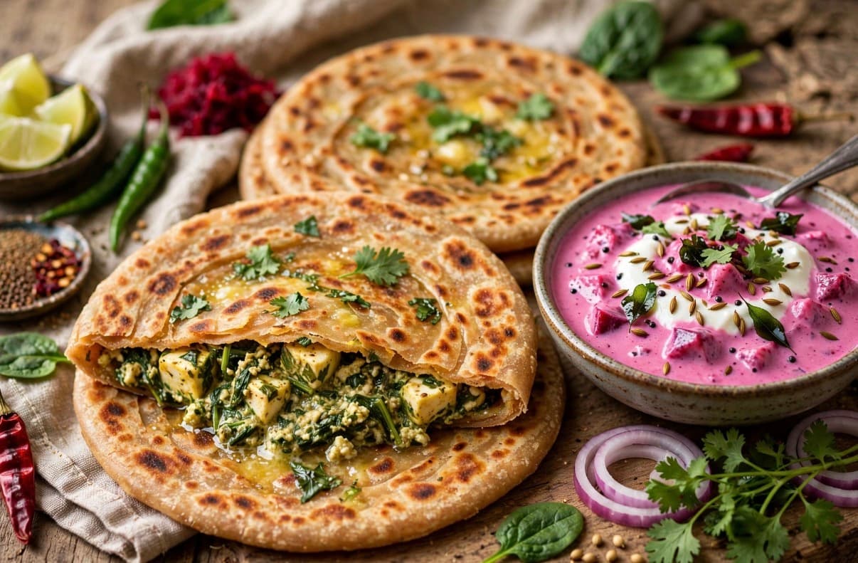 Paneer-Spinach Stuffed Paratha with Beetroot Raita