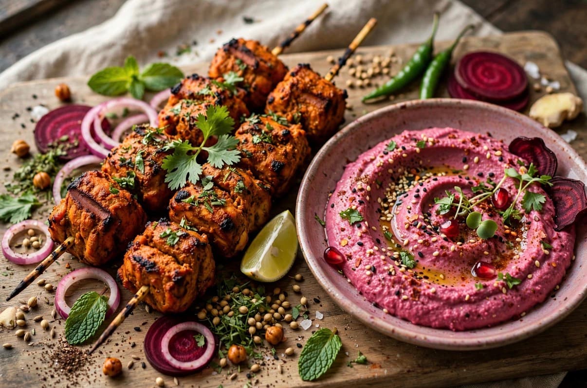 Soya chaap tikka with beetroot hummus