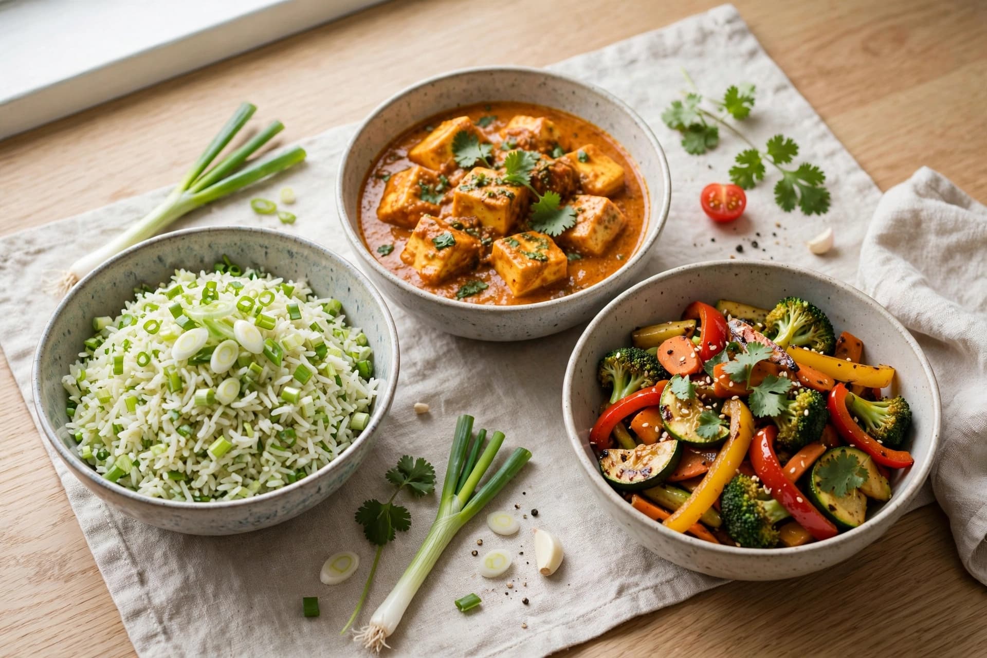 Spring onion rice with Paneer curry + stir-fried veggies