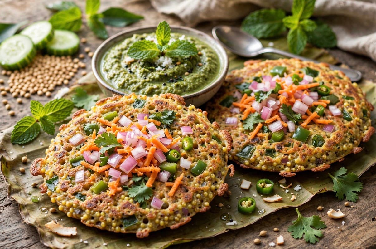 Millet Vegetable Uttapam with Coconut-Mint Chutney
